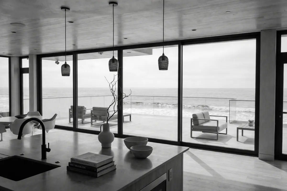 Alzante scorrevole a 4 ante in legno-alluminio con vista panoramica sull'oceano, cucina moderna e soffitto in legno