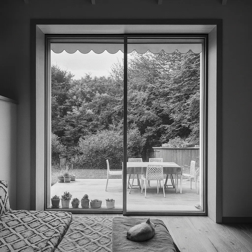 Alzante scorrevole in legno-alluminio con vista su terrazza e giardino, interno contemporaneo