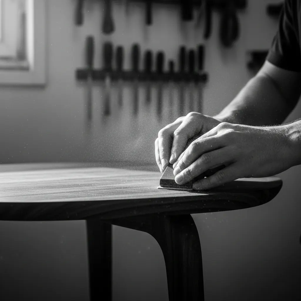 Mani dell'artigiano durante la carteggiatura di un mobile in legno massello, Falegnameria Negro