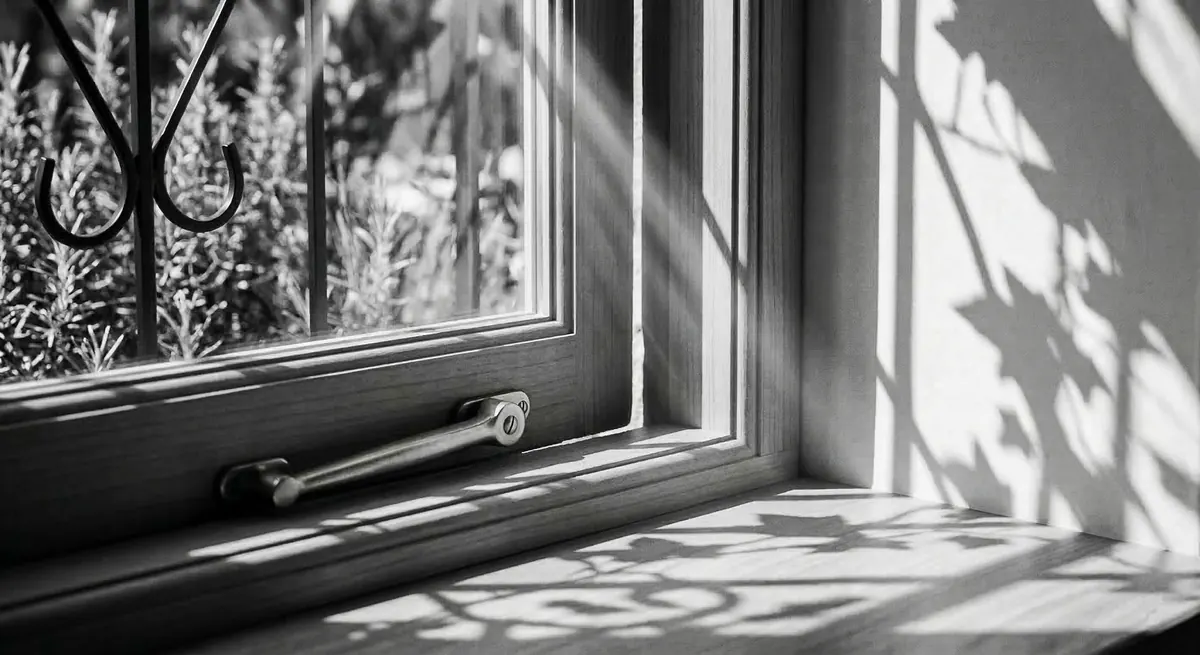 Dettaglio maniglia finestra in legno con luce naturale che filtra dall'interno verso il giardino
