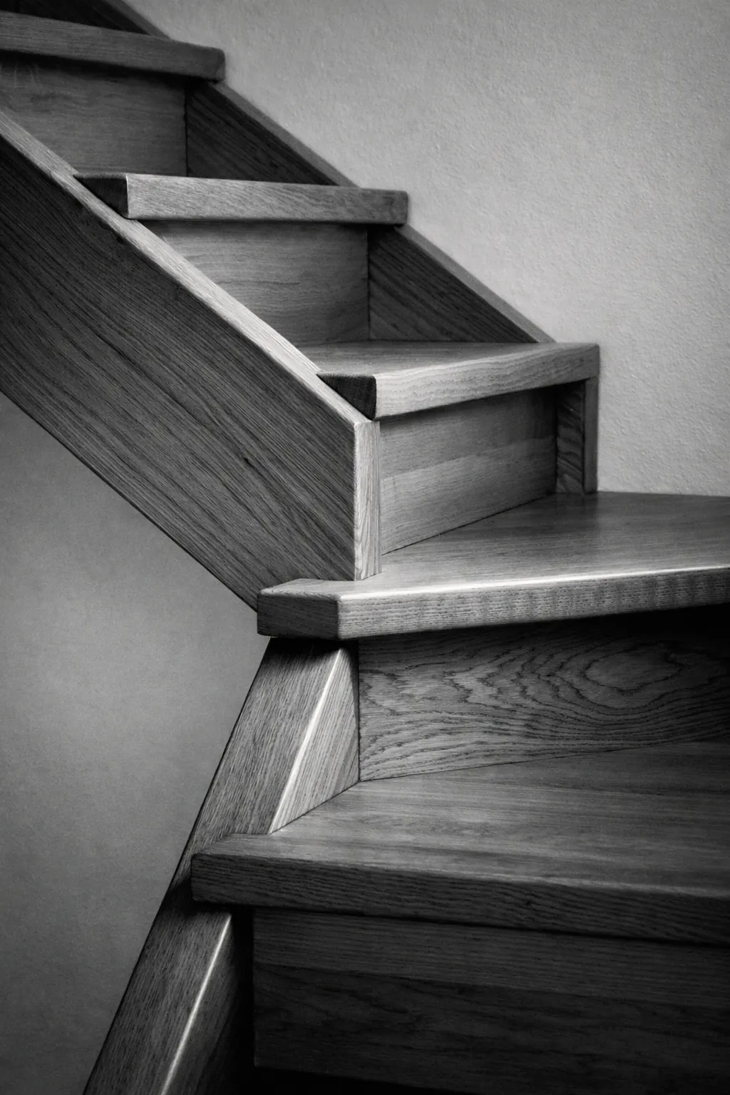 Dettaglio ravvicinato di gradini in rovere massello con venatura naturale del legno in evidenza