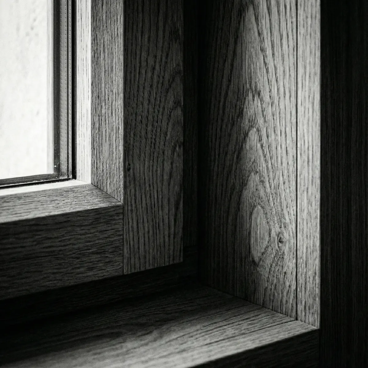 Dettaglio angolo serramento in legno rovere massello con venatura naturale in evidenza