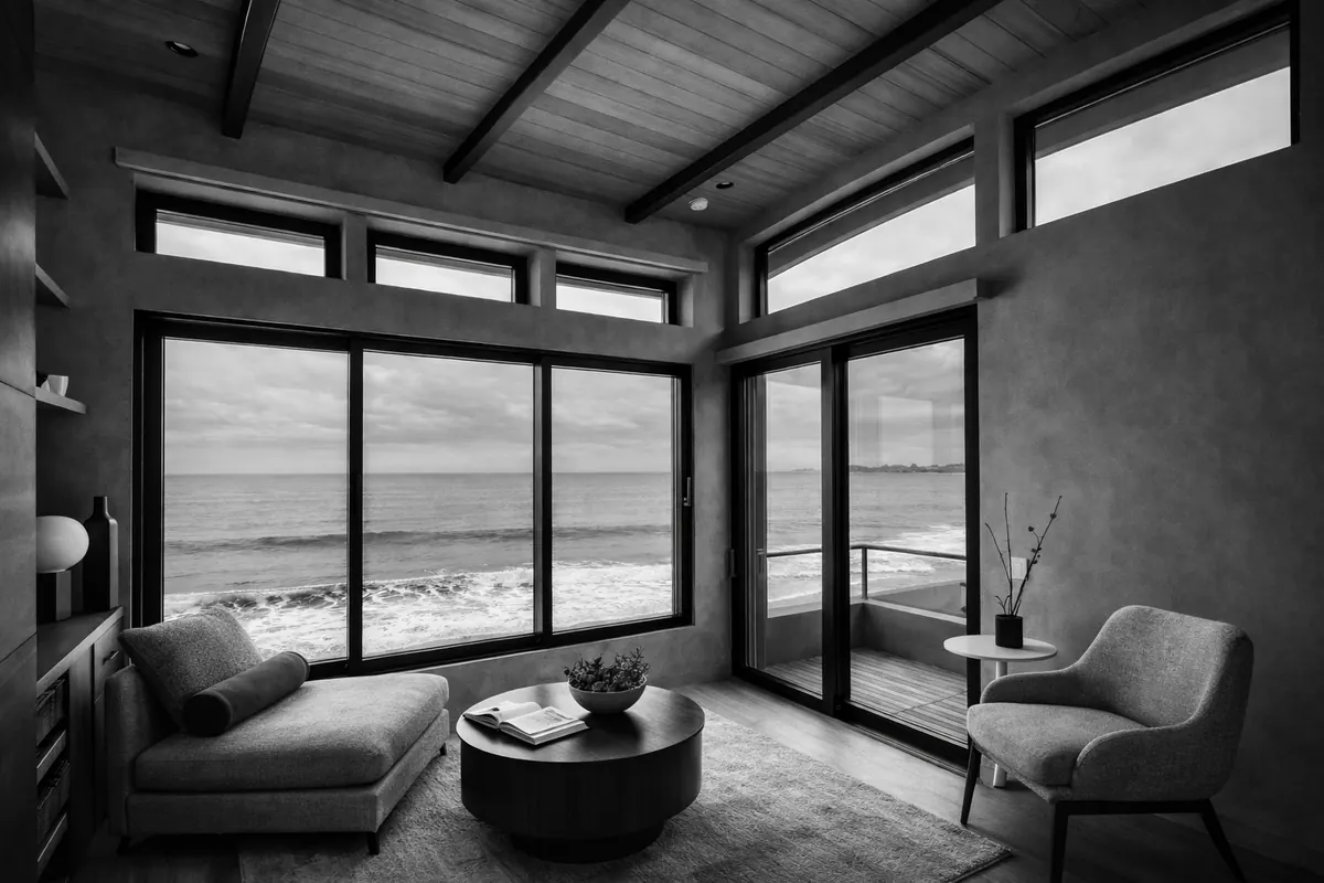 Finestre fisse e porta scorrevole in legno-alluminio con vista oceano, interno con soffitto in legno e travi a vista