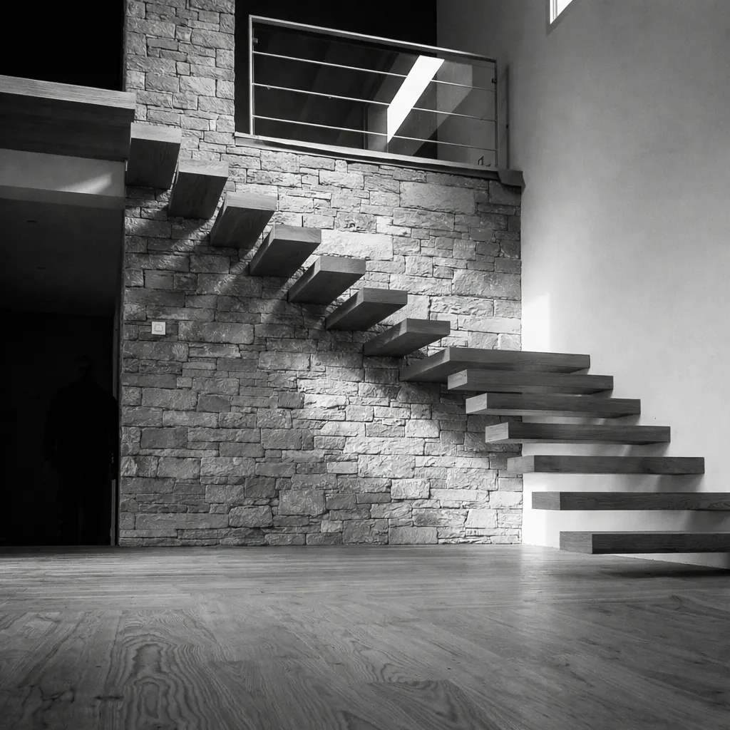 Scala sospesa moderna con gradini a sbalzo in legno massello su parete in pietra, design contemporaneo