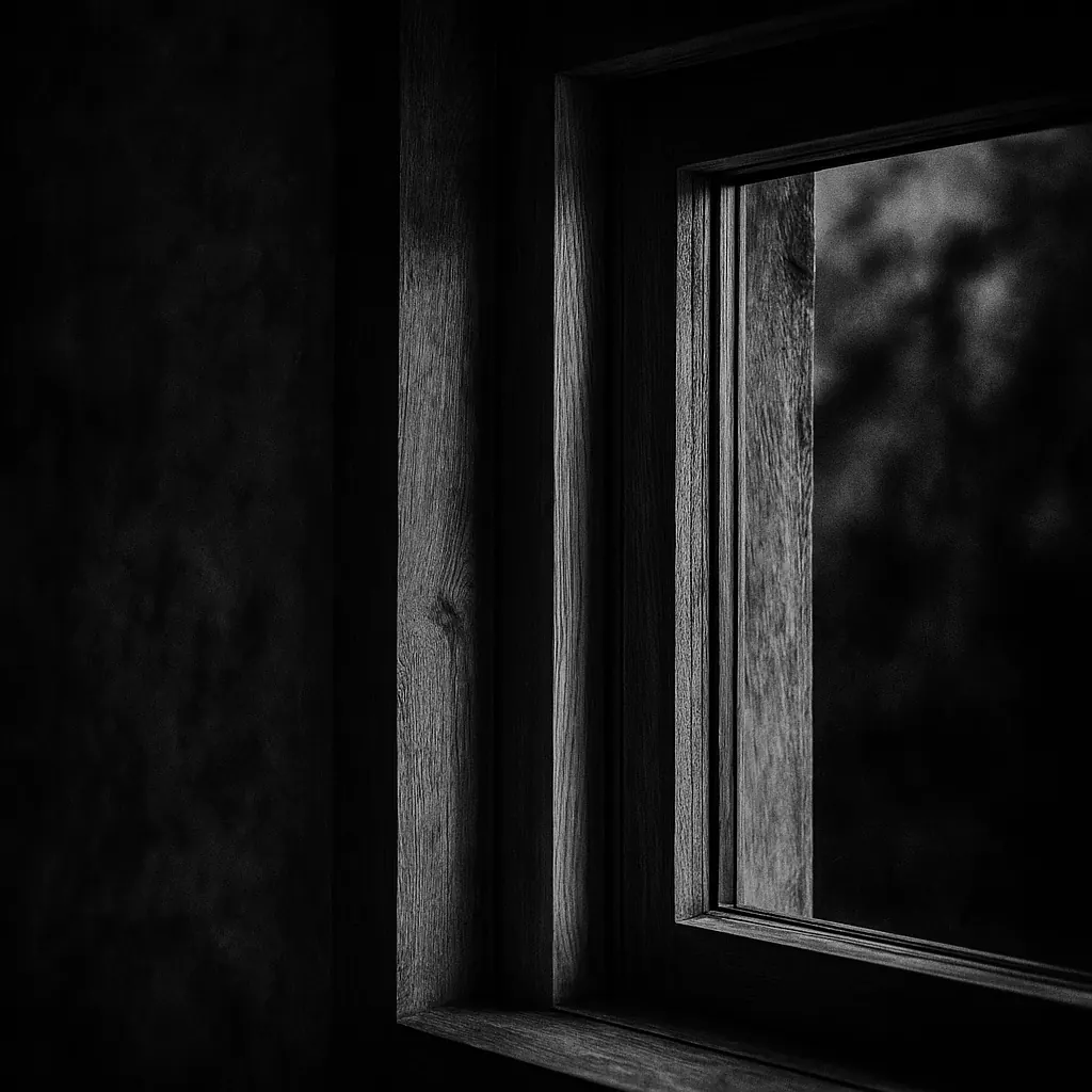 Finestra in legno vista dall'interno con luce naturale radente, dettaglio telaio artigianale Falegnameria Negro